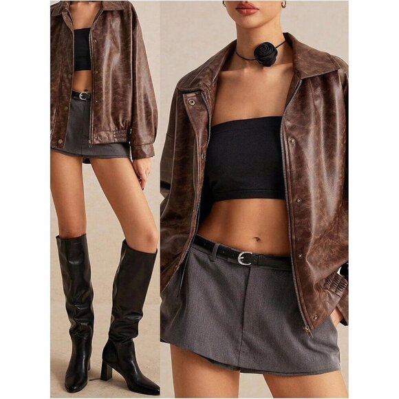 Women's Y2K Faux PU Leather Jacket Brown Vintage Shacket Button Jacket  zip up - Picture 5 of 8